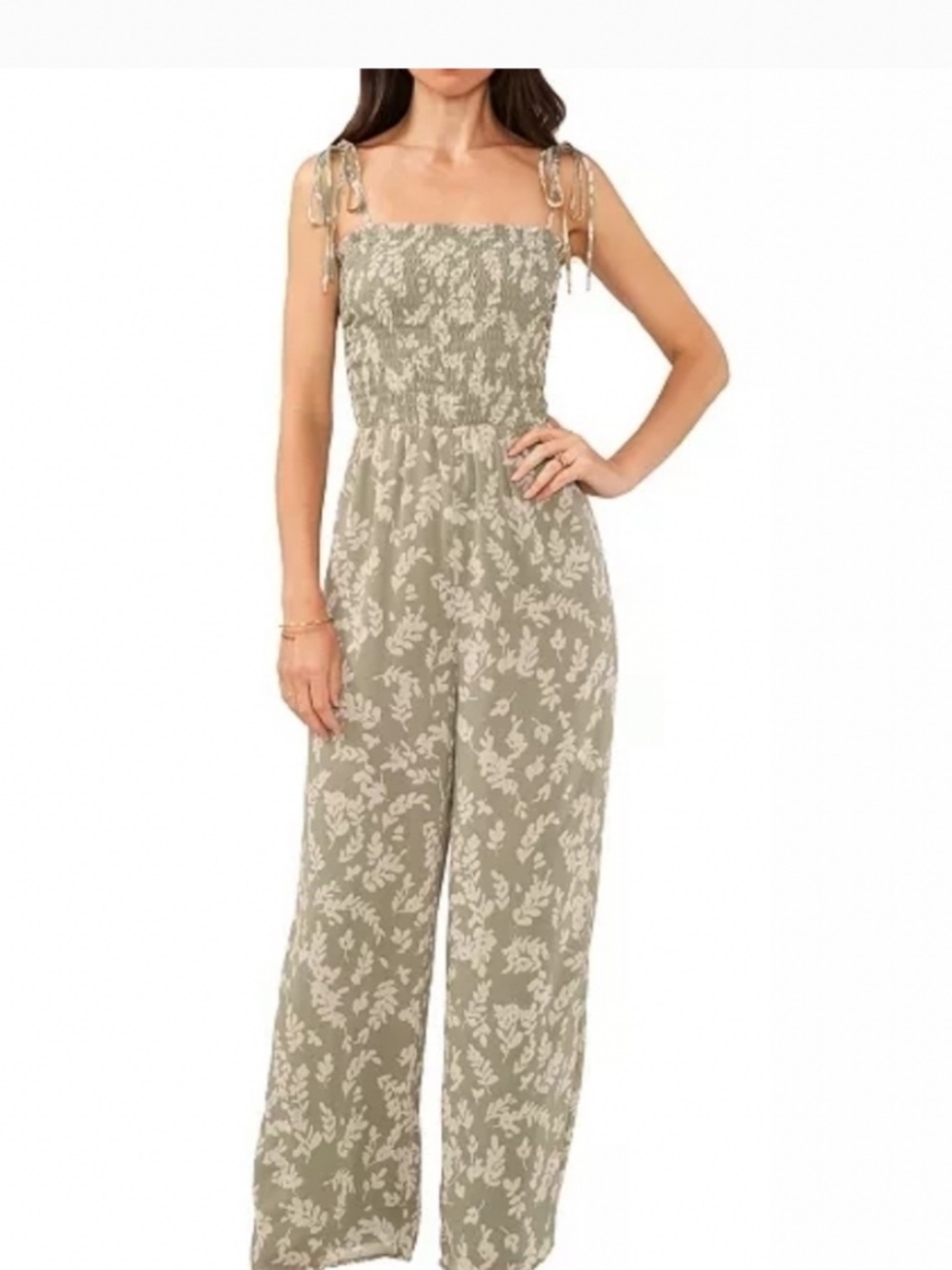 1.State Jumpsuit Women's Tie Shoulder Smocked Bodice Size XS Sage Gre…